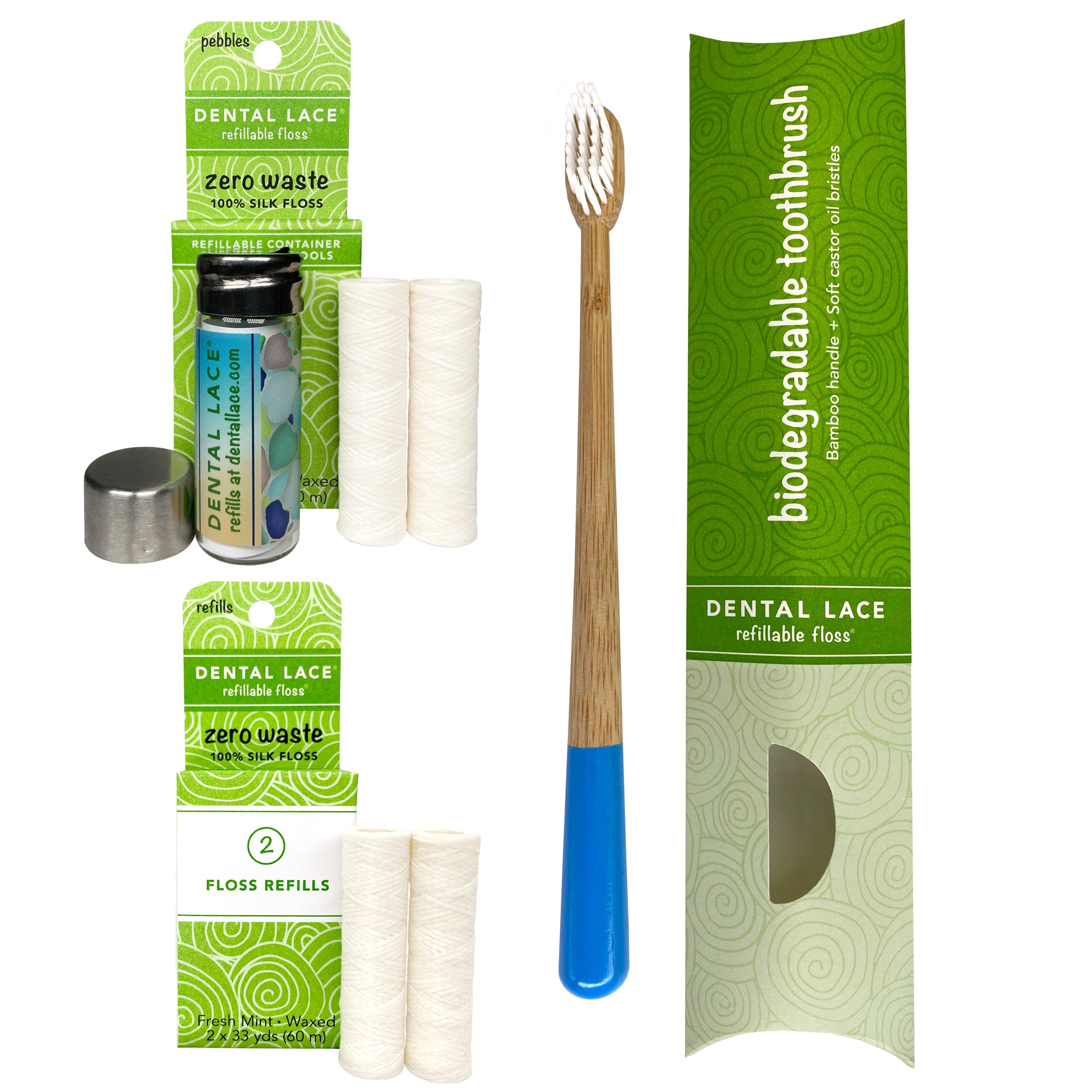 Dental Lace 8 Month PTFE &amp; PFAS Free Silk Floss Bundle with Bamboo Toothbrush