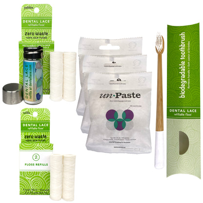 Dental Lace 8 Month PTFE &amp; PFAS Free Silk Floss Bundle with Bamboo Toothbrush &amp; 6 Month Supply of Fluoride Toothpaste Tablets