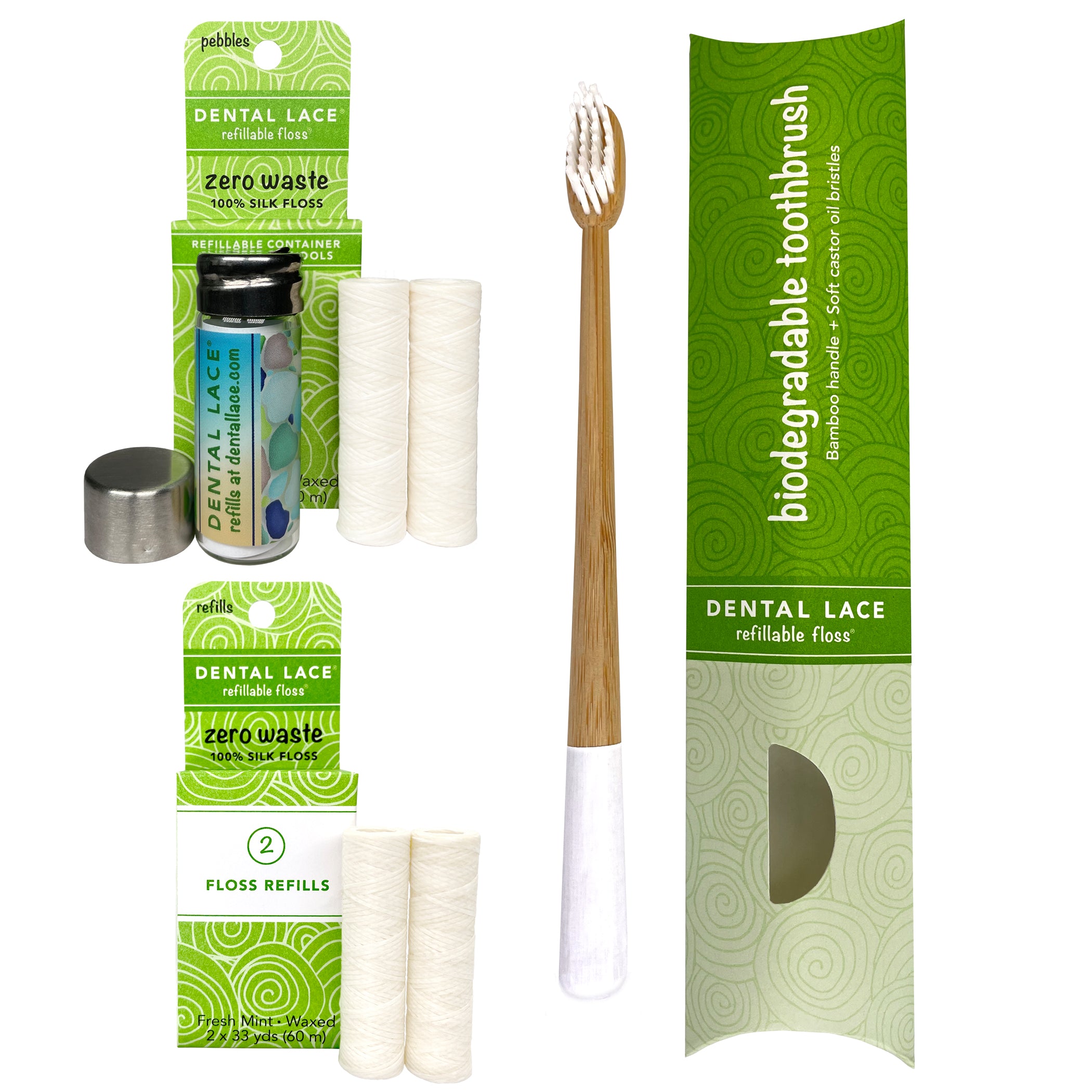 Dental Lace 8 Month PTFE &amp; PFAS Free Silk Floss Bundle with Bamboo Toothbrush