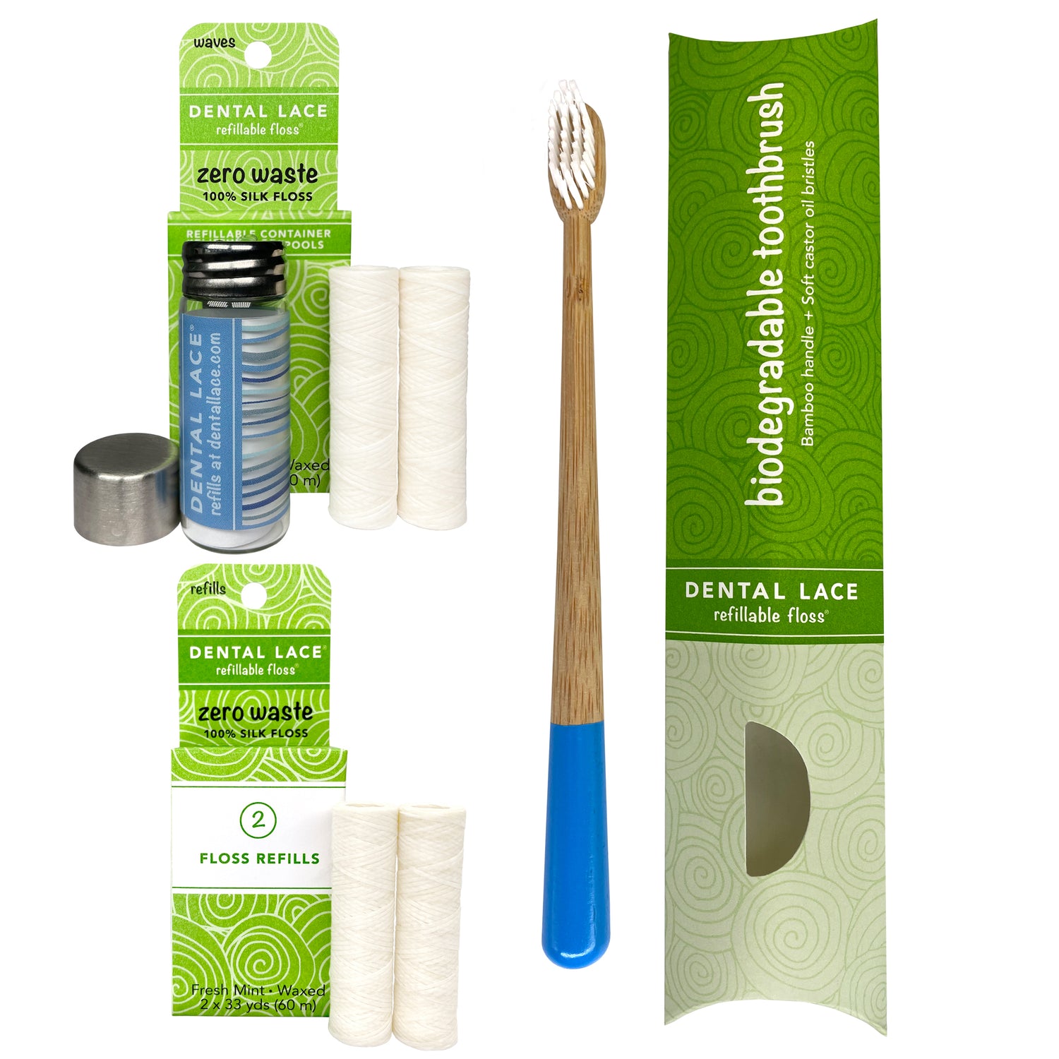 Dental Lace 8 Month PTFE &amp; PFAS Free Silk Floss Bundle with Bamboo Toothbrush