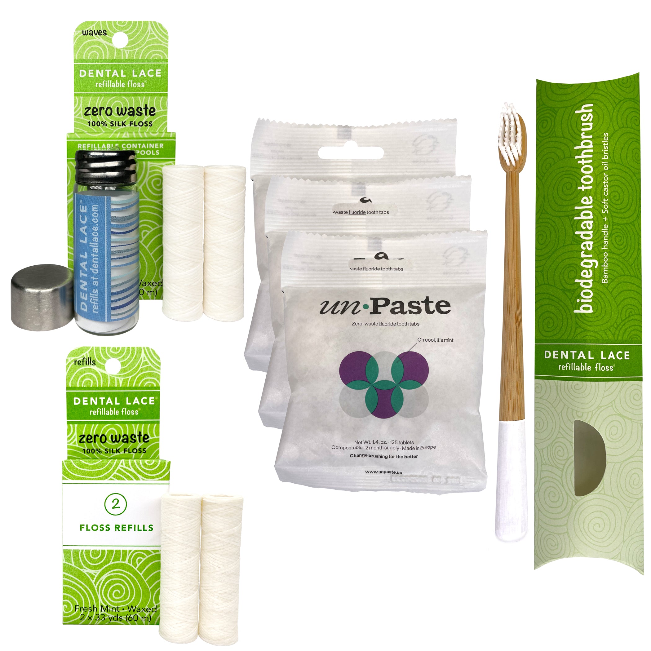 Dental Lace 8 Month PTFE &amp; PFAS Free Silk Floss Bundle with Bamboo Toothbrush &amp; 6 Month Supply of Fluoride Toothpaste Tablets