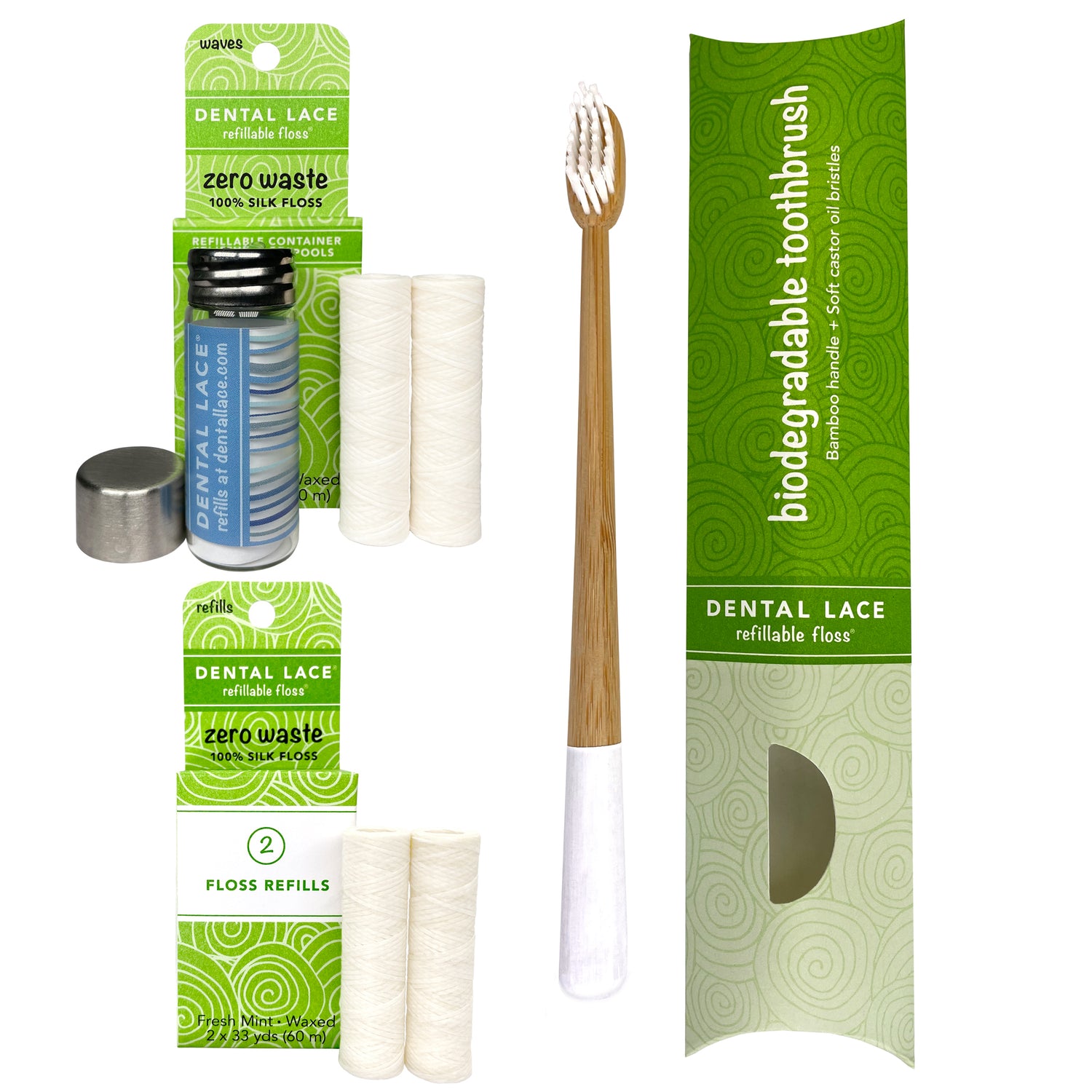 Dental Lace 8 Month PTFE &amp; PFAS Free Silk Floss Bundle with Bamboo Toothbrush